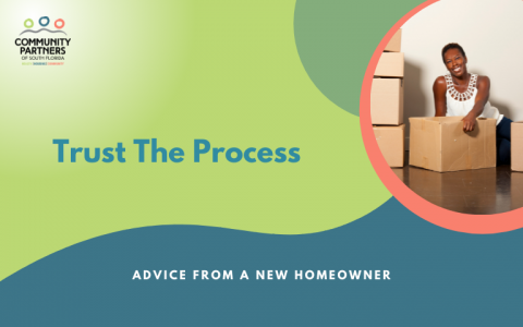 Women with Packing Boxes and Text: "Trust The Process Advice from a New Homeowner"