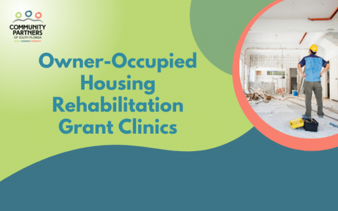 Owner Occupied Housing Rehab Grant Clinic Image with construction worker looking at ceiling