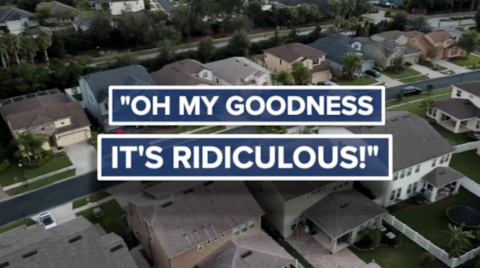 Text that reads oh my goodness it's ridiculous with houses in the background